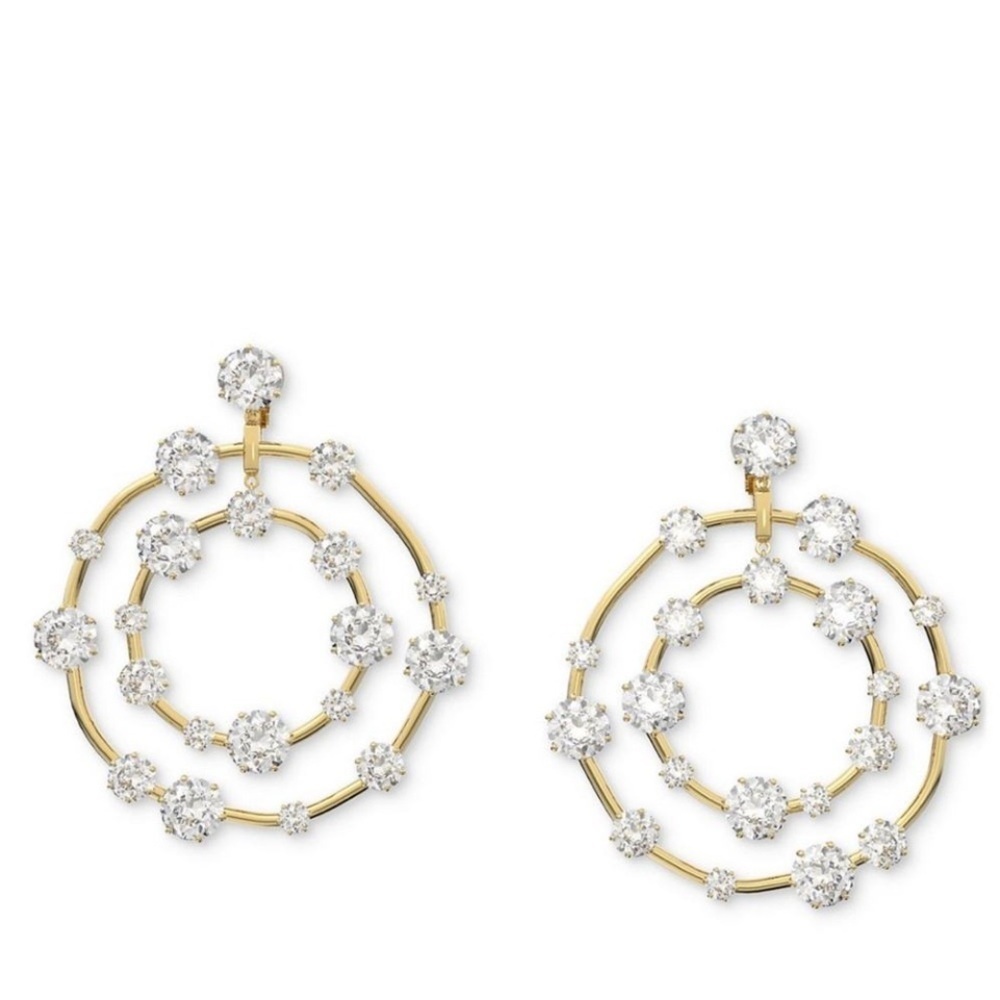 Swarovski Constella Drop Earrings Women Gold Tone White Crystal Round 2.5 Inch